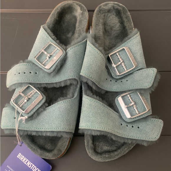 Birkenstock Arizona Suede Leather Beryl Teal Shearling Lined Sandals NWT - Picture 5 of 9